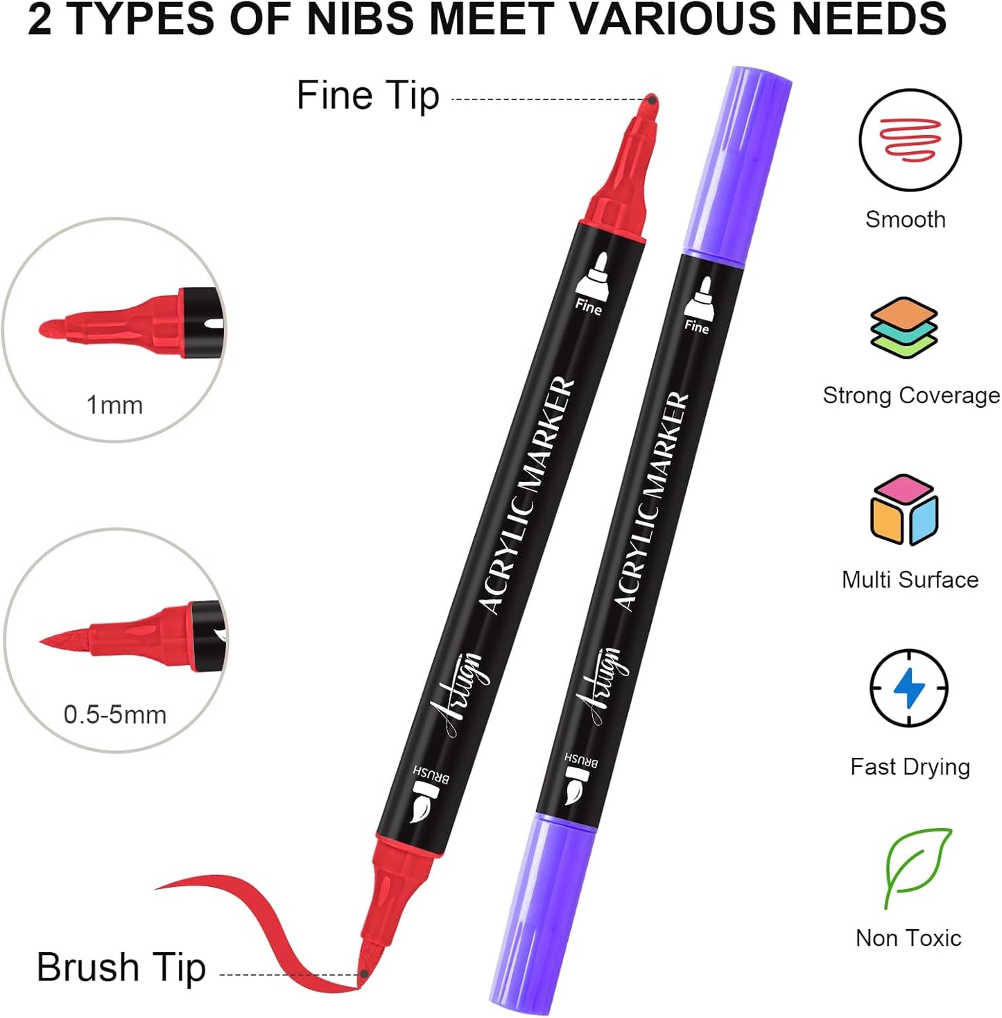 24 Colors Acrylic Paint Pens, Dual Tip Pens With Fine Tip and Brush Tip for Rock Painting, Ceramic, Wood, Plastic, Calligraphy, Scrapbooking, Brush Lettering, Card Making, DIY Crafts