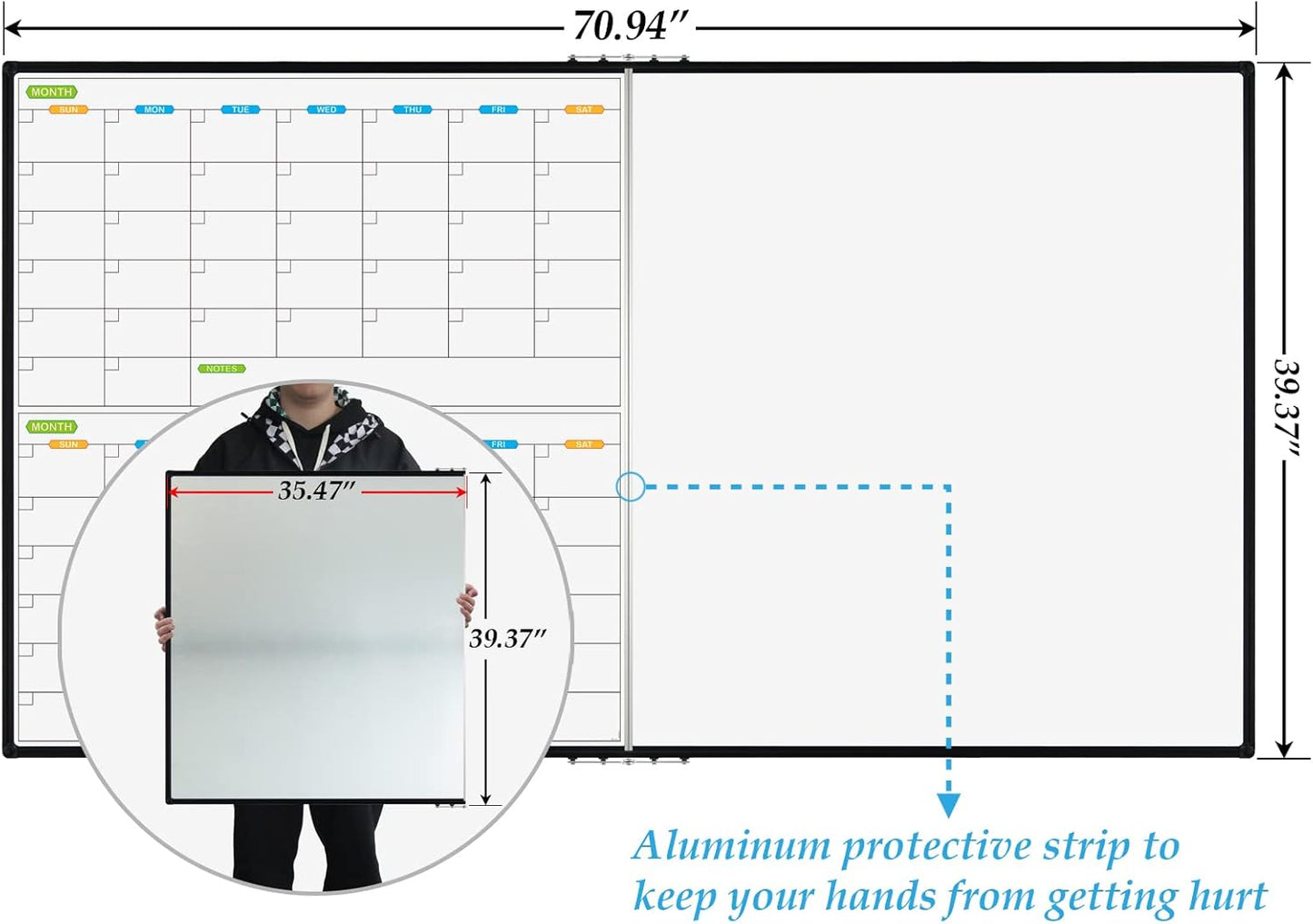 JILoffice Magnetic Foldable Dry Erase Calendar Whiteboard Combo, 2 Month Calendar Board & White Board 72 X 40 Inch, Black Aluminum Frame Wall Mounted Board for Office Home and School