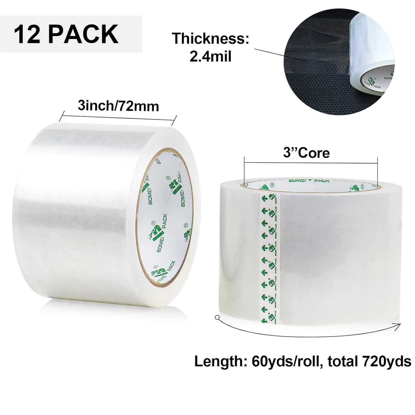 BOMEI PACK 3 inch Wide Heavy Duty Packing Tape, 2.4 Mil 3.0 Inch x 60 Yards, 12 Refills Rolls Clear Box Tape for Moving, Shipping, Mailing and Packaging