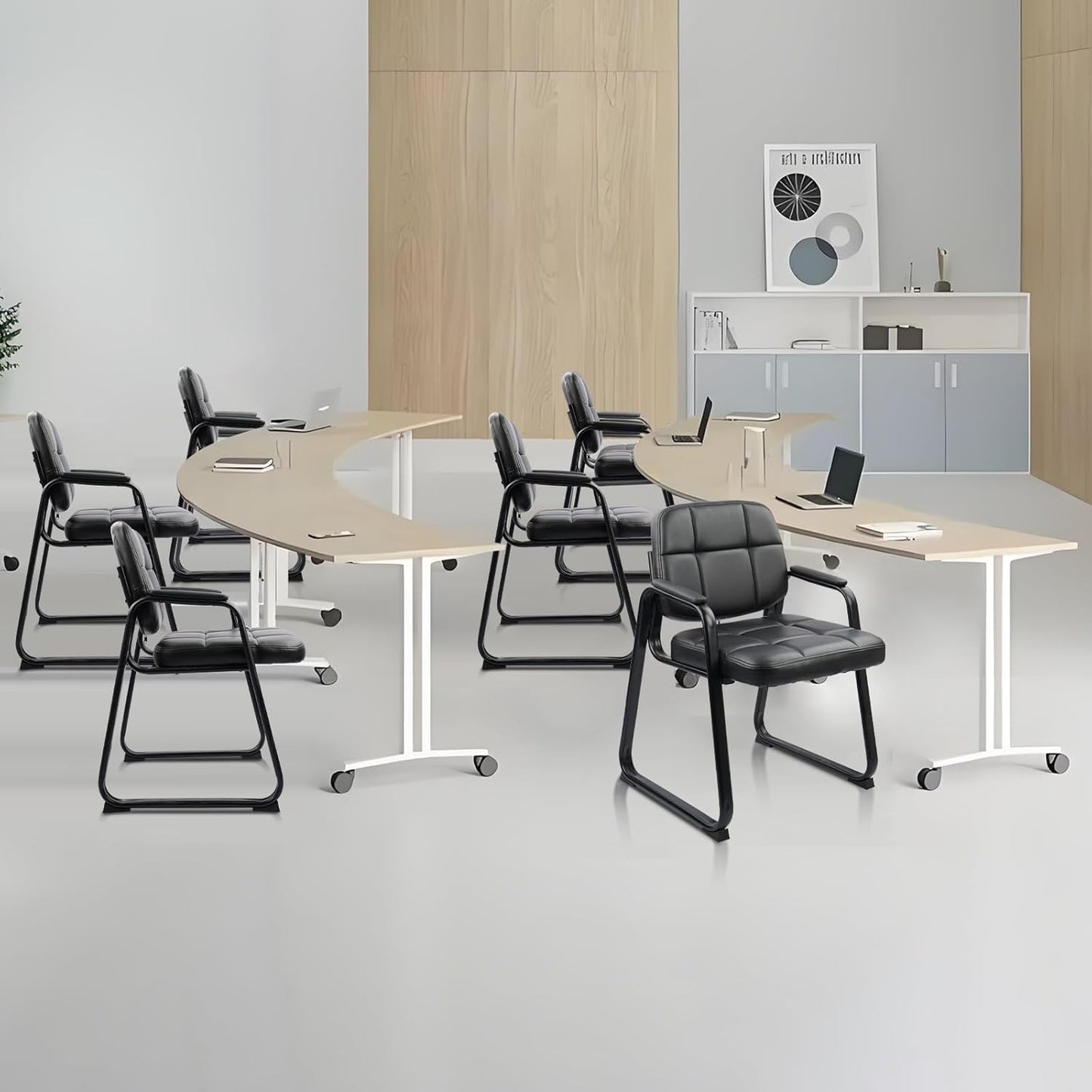 CLATINA Waiting Room Guest Chair with Bonded Leather Padded Arm Rest for Office Reception and Conference Desk Black with Sled Base 2 Pack