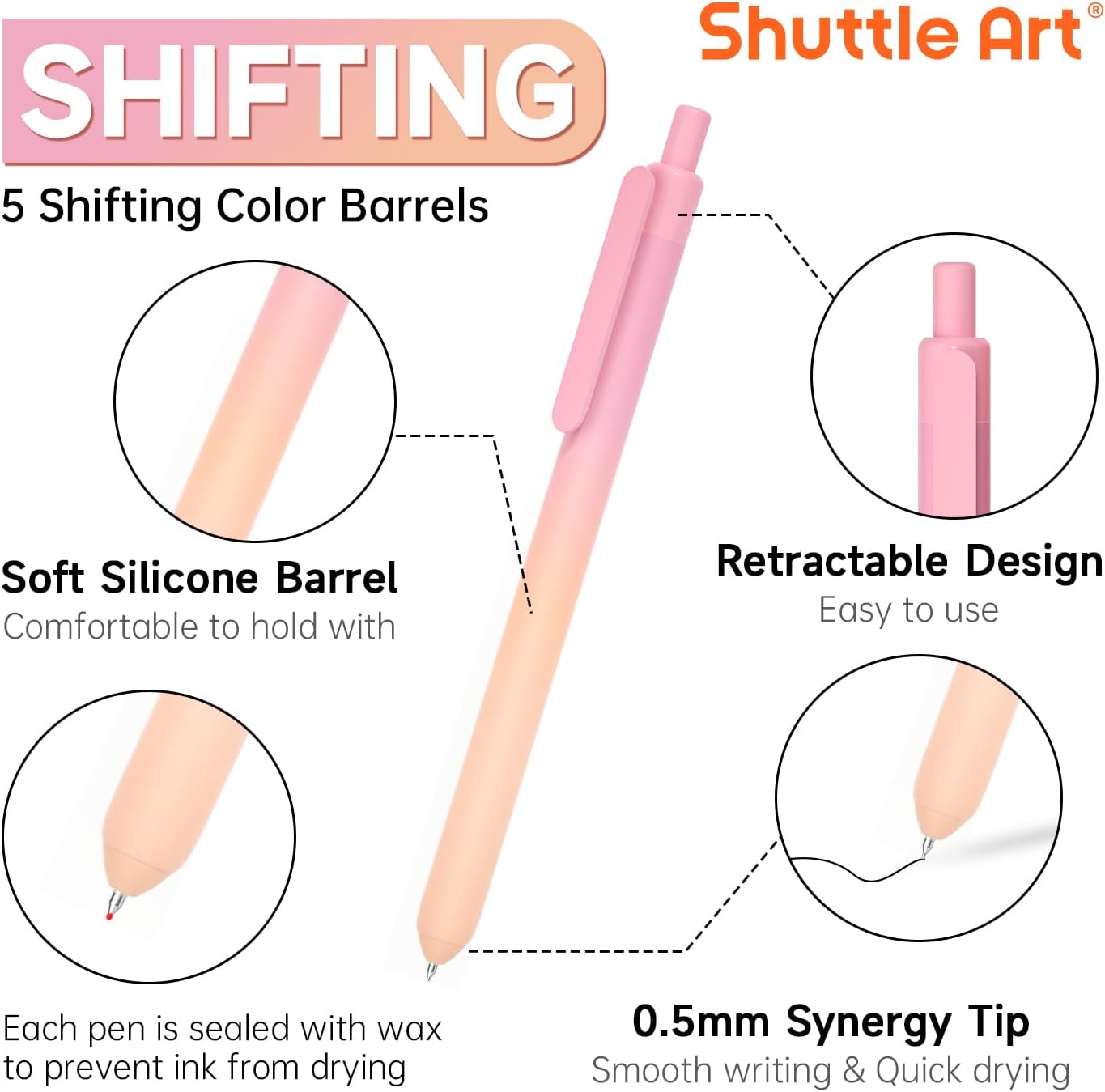 Shuttle Art Retractable Pastel Shifting Gel Ink Pens, 15 Pack Black Ink Pens, Cute Pens 0.5mm Fine Point Soft Aesthetic Barrel for Smooth Writing Journaling Taking Notes School Office Home