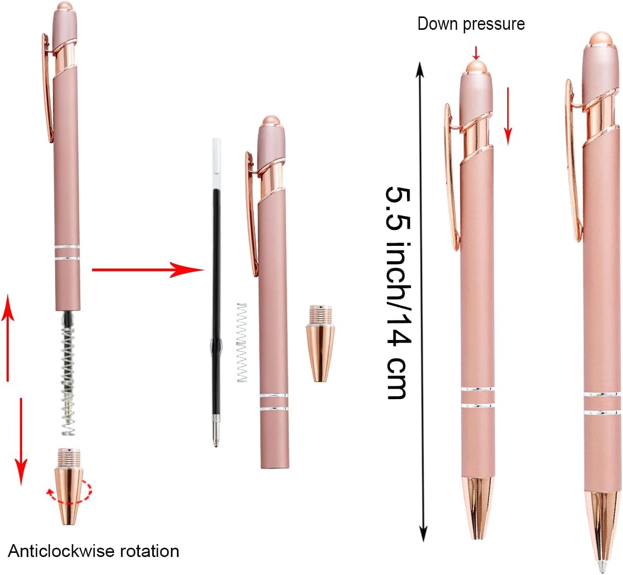 PASISIBICK 8 Pack Rose Gold Ballpoint Pen 2-in-1 Stylus Retractable Metal Stylus Pen for Touch Screens with Stylus tip, 1.0 mm Black Ink（8 PCS Rose Gold）