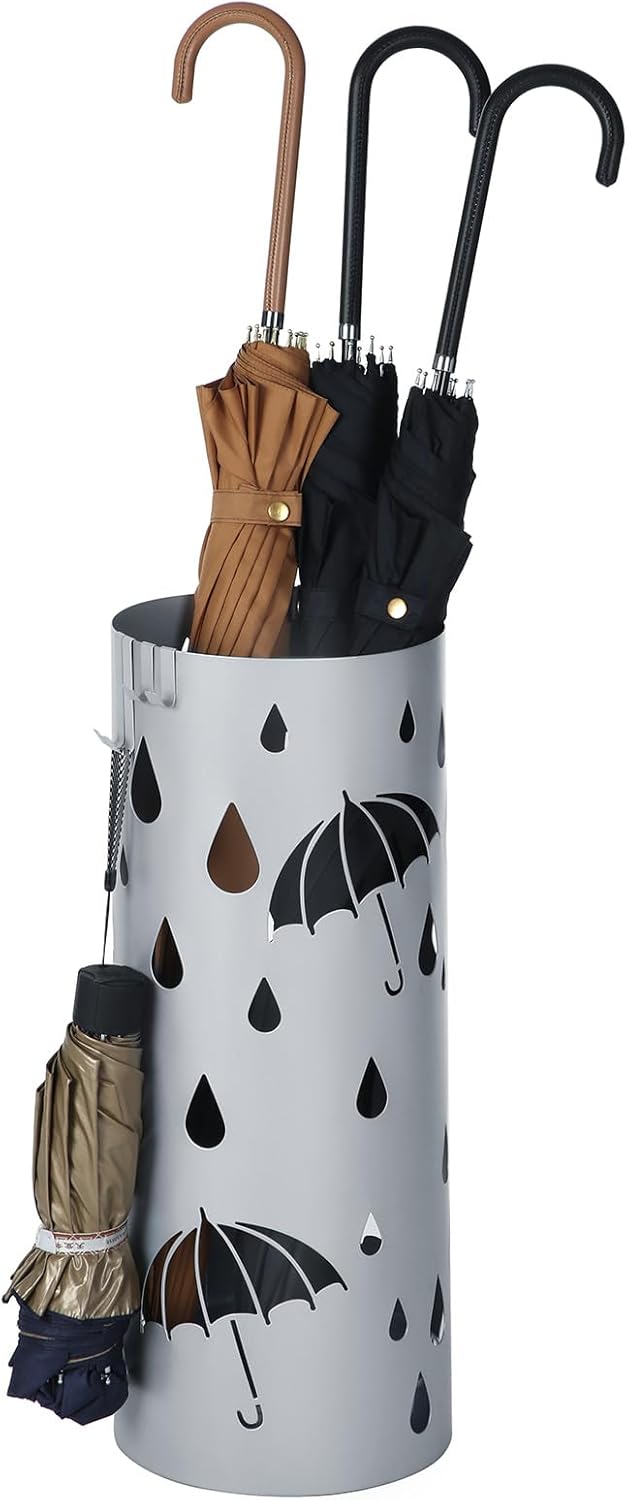 SONGMICS Umbrella Stand, Metal Umbrella Holder for Entryway, with Water Tray and 4 Hooks, 7.7 x 7.7 x 19.3 Inches, Round, Silver Grey ULUC23S
