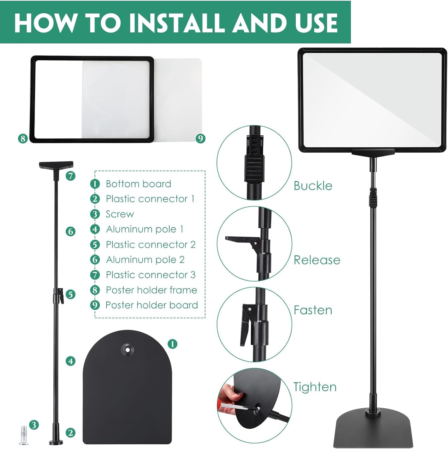 Jutom 6 Pack Adjustable Pedestal Stand Holder 8.5 x 11 Inch Heavy Duty Aluminum Sign Holder Vertical and Horizontal Sign Poster Stands Floor Standing Display for Advertisement Menu Display(Black)
