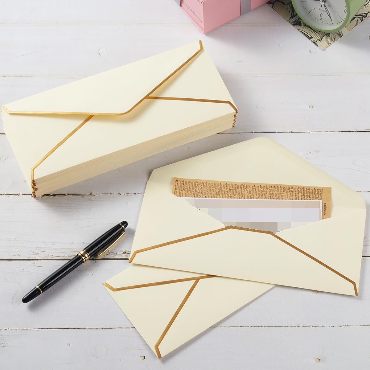 30 Pack Thick #10 Business Envelopes with Gold Border, 4 1/8 x 9 1/2 Thick Paper Standard Envelopes with Stickers for Office, Checks, Letter Mailing, Invoices (Cream Color)