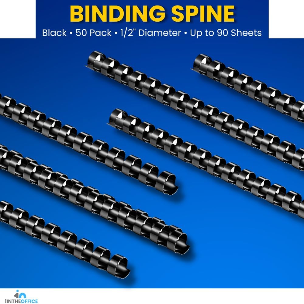 1InTheOffice Comb Binding Spines 8.5x11, Ring Plastic Binding Comb, Black Comb Spines, 1/2" Diameter (50/Pack)