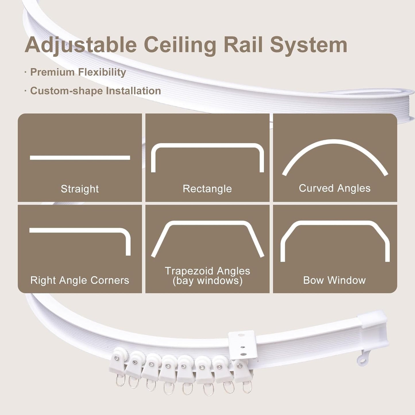 Room Divider Curtains & Flexible Bendable Tracks Set,Privacy Dividers Ceiling Track Curtain Window Blackout Curtains for Living Room Bedroom (W180 × H108 In 1 Panel Khaki Drape & White Rail)