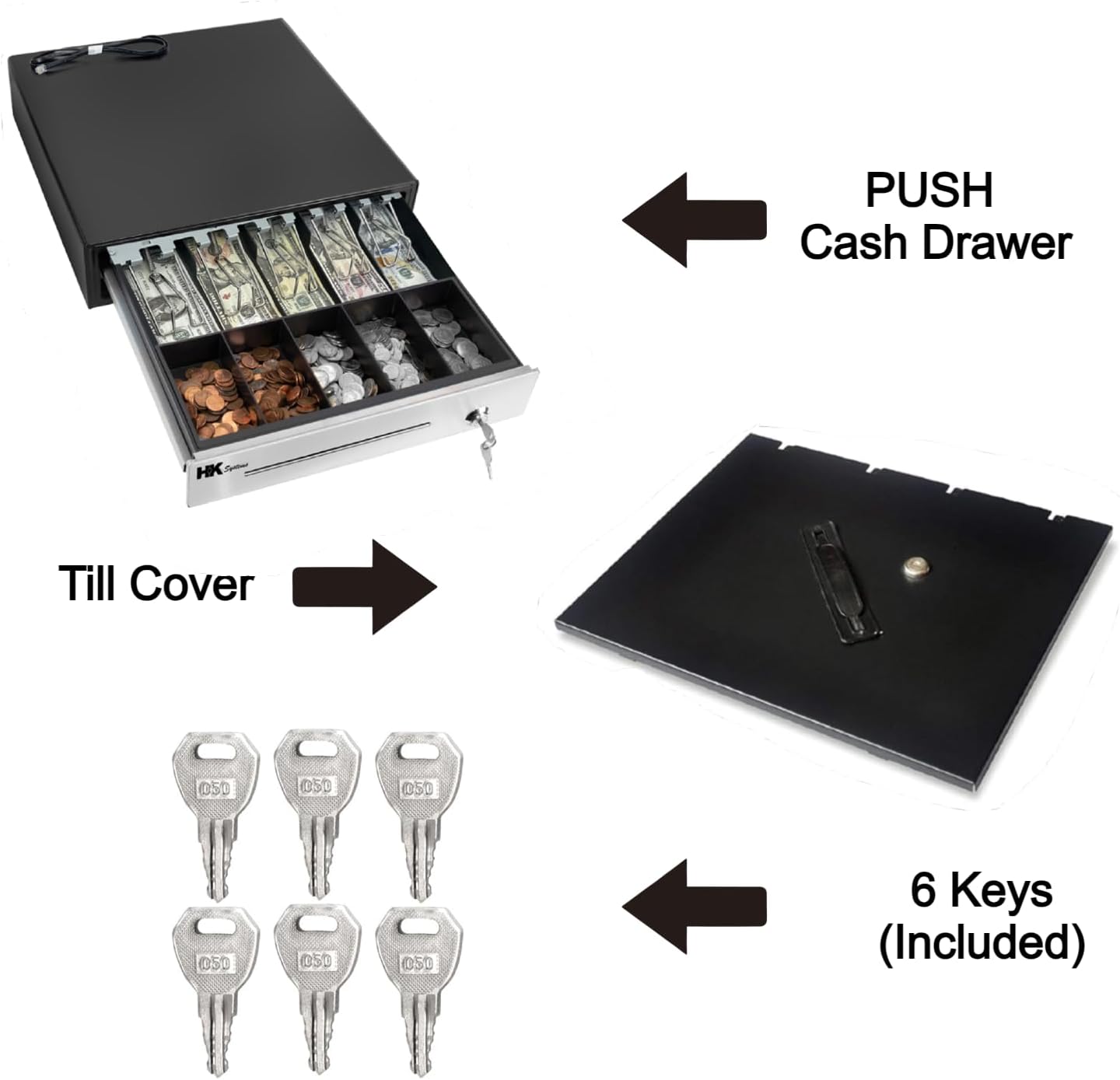HK SYSTEMS 16""Stainless Steel" Front Heavy Duty Black POS Cash Drawer with 5Bill/5Coin and Till Cover