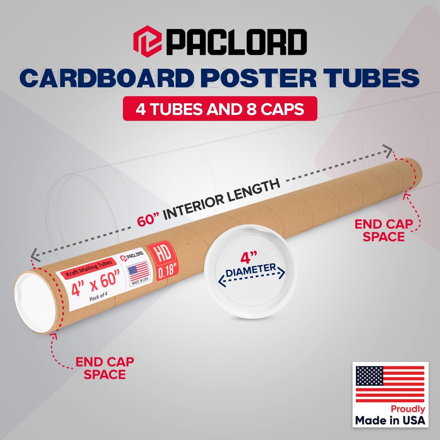 4" x 60" Heavy-Duty Reinforced Cardboard Mailing Tube, Pack of 4 Tubes with 8 Caps – Secure USPS Approved – Great for Shipping and Storing of Prints, Artwork, Posters or Documents