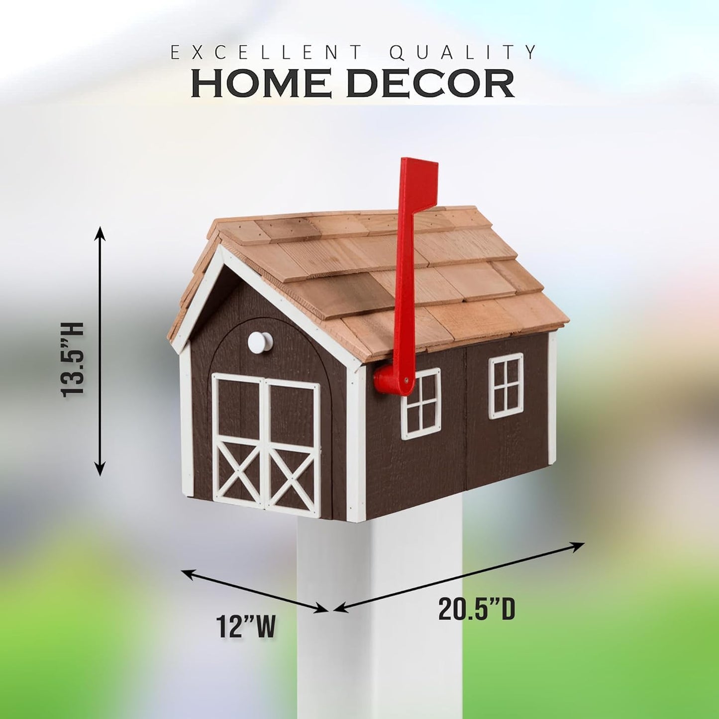 Peaceful Classics Amish Cedar Roof Wooden Mailbox with Window & Door Trim, Handcrafted Mailboxes for Outside, Post Mount Residential Mailboxes - (Gray & White, Wood)