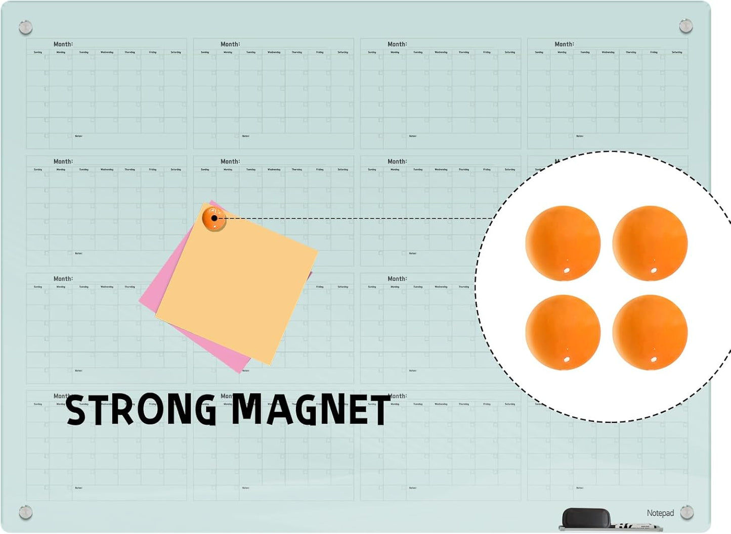 Magnetic Glass Dry Erase Board Calendar- White Board 48 x 36 Inch Wall Mounted Yearly Whiteboard, Large Frameless Glass White Board for Wall Office, Home & School