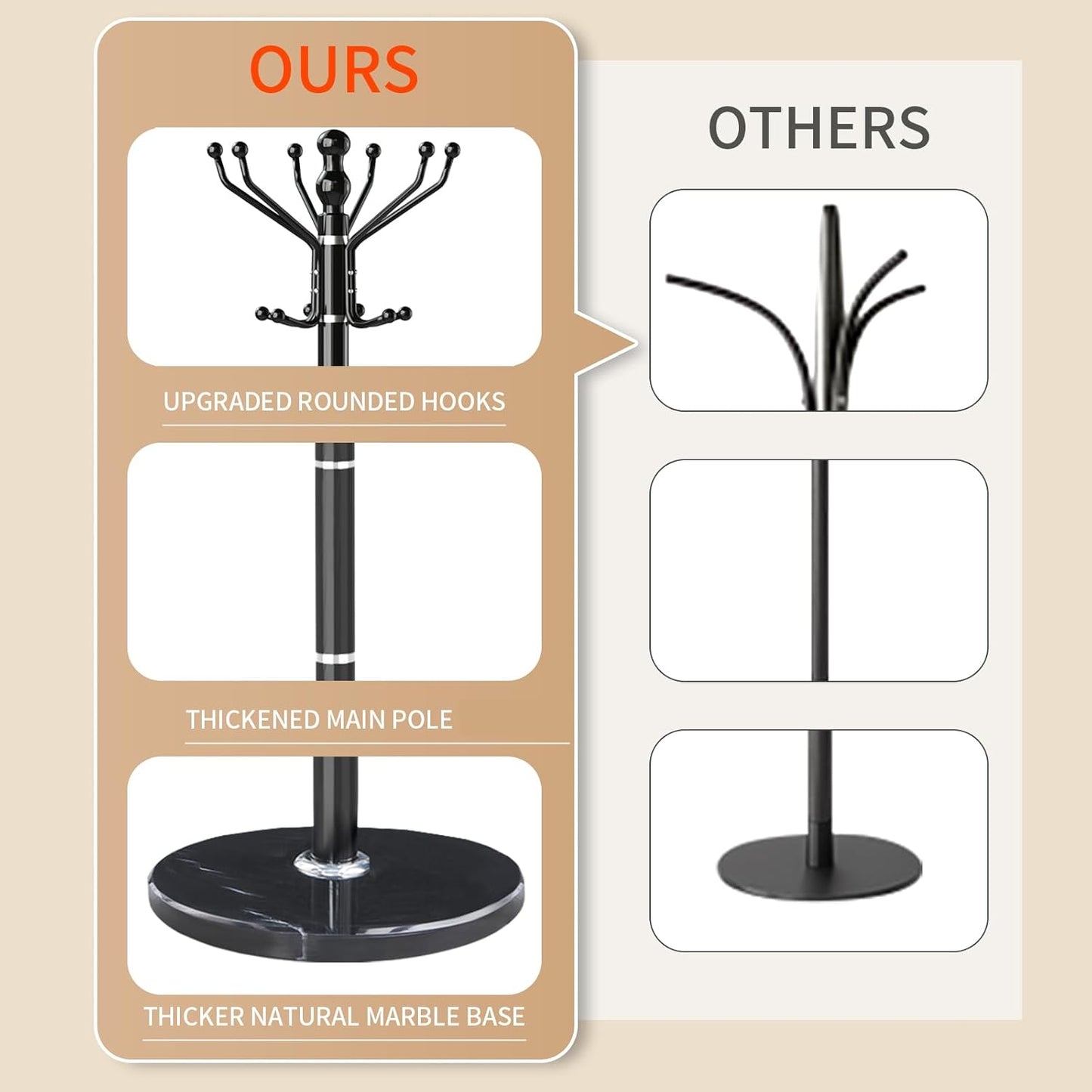 Metal Modern Coat Rack Stand, Sturdy Freestanding Coat Rack with Natural Marble Base, Coat Racks and Coat Hall Tree Hanger Stand for Entryway, Hallway, Office (16 Hooks-Black)