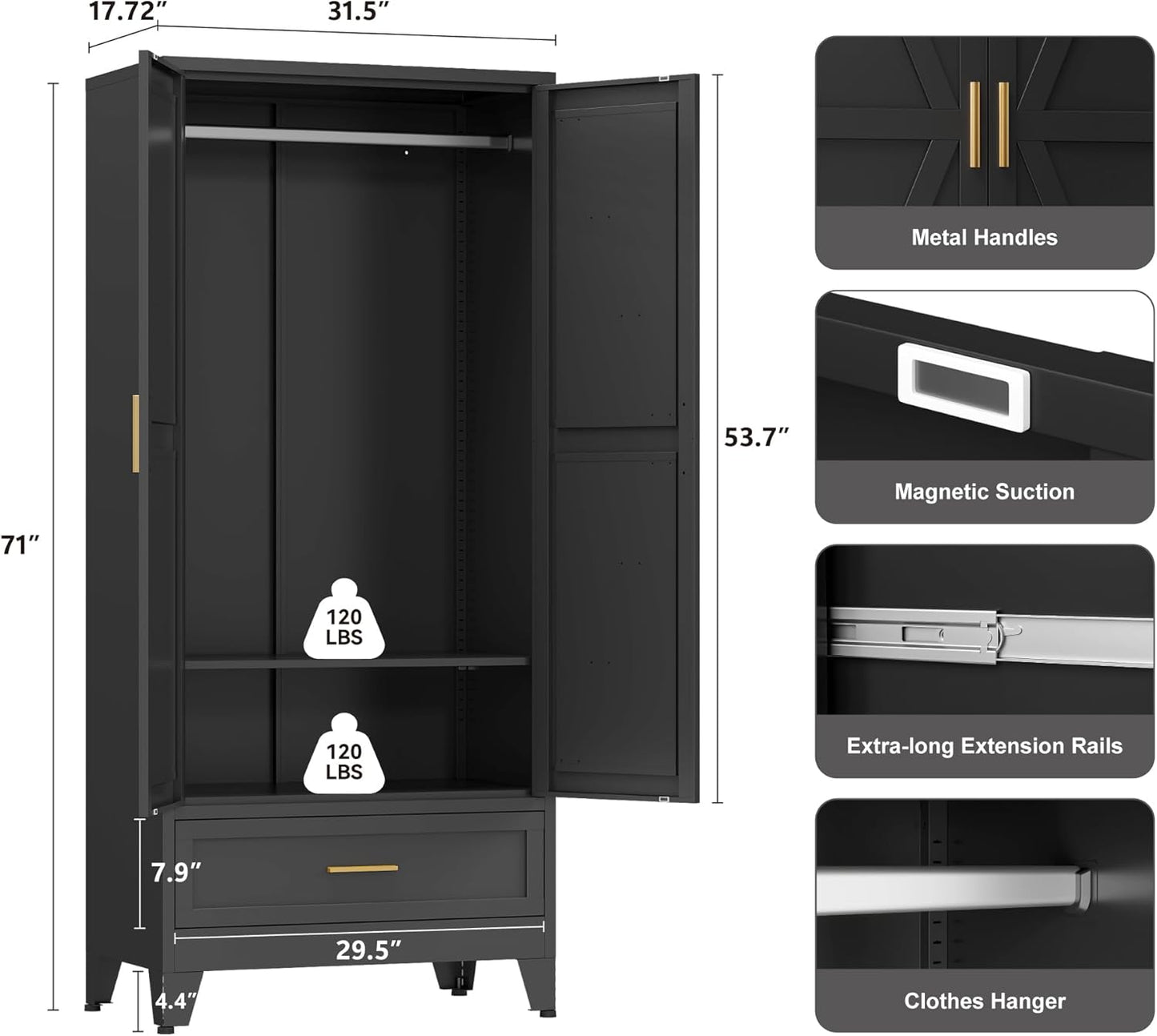 Farmhouse Wardrobe Cabinet with One Drawers,Metal Wardrobe Closet with Hanging Rod,Metal Armoire with Adjustable Shelves for Bedroom,Living Room, Cloak Room,Office (Blue)