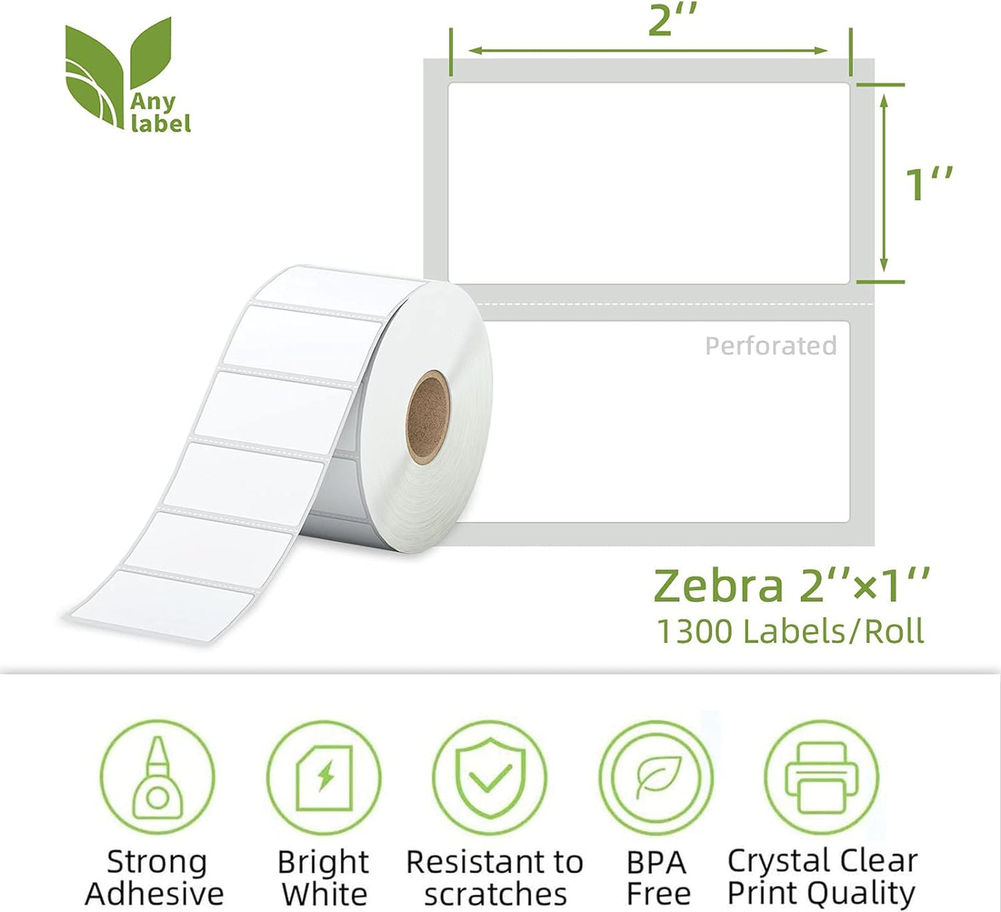 Compatible 2" x 1" Direct Thermal Labels Replacement for Barcodes Postage Address Shipping Compatible with Rollo & Zebra Desktop Printers Adhesive & Perforated (24 Rolls, 1300 Labels/Roll)