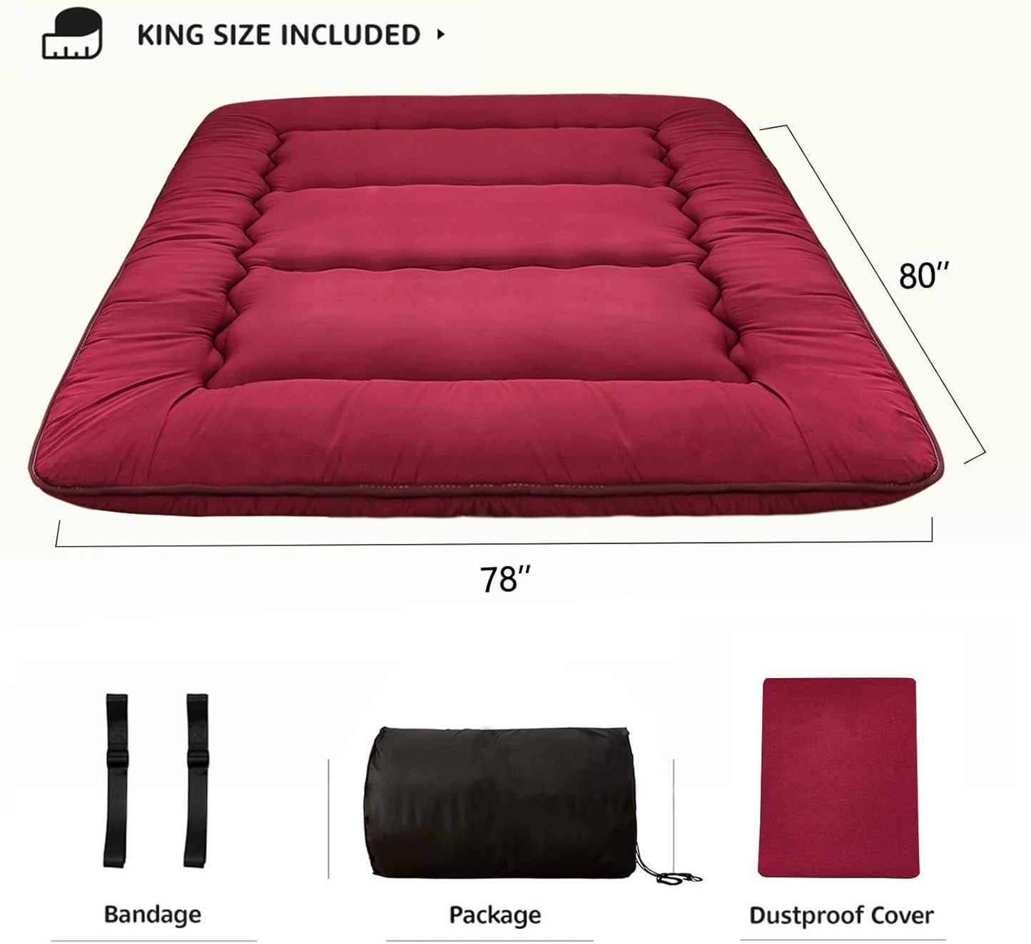 MAXYOYO Japanese Floor Mattress Futon Mattress Thicken Tatami Mat Sleeping Pad Roll Up Mattress Floor Lounger Bed Folding Couch Bed Mattress Pad for Guest Room, Burgundy, King Size