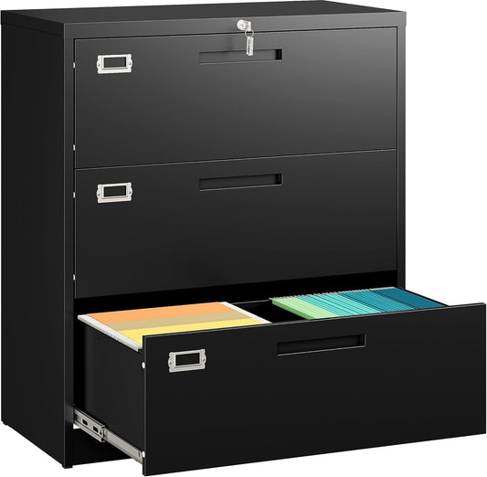 SISESOL 3 Drawer Lateral File Cabinet with Lock,Black Lateral Filing Cabinet,Horizontal Metal Filing Cabinets,Locked Wide Three Drawer File Cabinets for Office Home,Fit A4/F4/Letter/Legal File