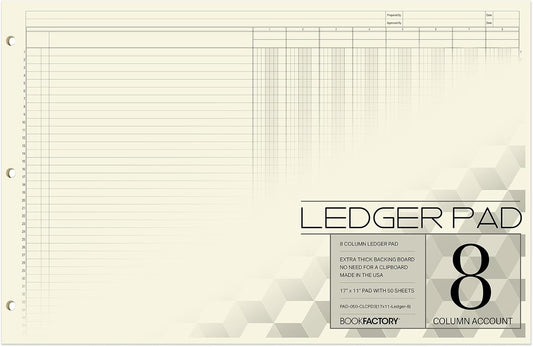 BookFactory Ledger Pad/Large 8 Column Accounting Ledger Columnar (Eight Columns) Pads - 17'' x 11'', 50 Pages, Notepad Landscape Format (PAD-050-CLCPD3(17x11-Ledger-8)-AX)