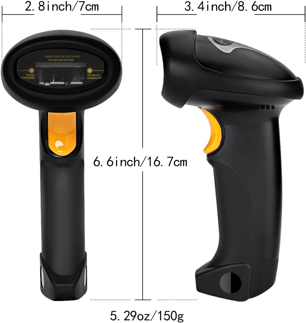 Barcode Scanner (2.4GHz Wireless USB Automatic & USB2.0 Wired) Rechargeable 1D Handheld Bar-Code Reader Support for FedEx and USPS Maximum Offline 2600 Code Entries