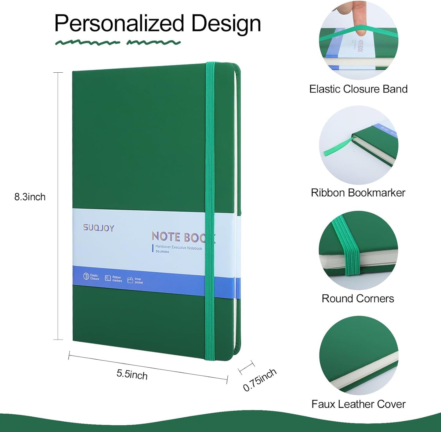 Lined Journal Notebooks, 160 Pages, 5.5x 8.2-Inch Journals for Women Men, Hardcover Notebook with 100 gsm Thick Paper, A5 Size College Ruled Notebook for Writing/Travel/Work (Green, 6 Pack)