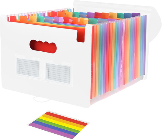 25 Pockets Plastic Expanding File Folders with Tabs, White Accordion File Organizer, Portable Expandable Filing Box, Desktop Folder for School Office Letter A4 Paper Document Receipt Storage