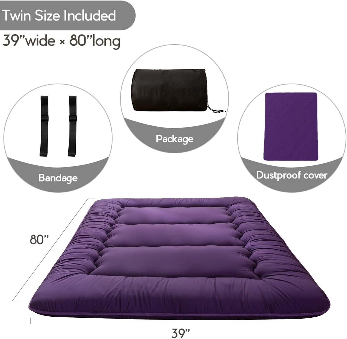 MAXYOYO Japanese Floor Futon Mattress, Roll Up Floor Mattress for Adults Foldable Tatami Mat Sleeping Pad Dormitory Bed Lounger, Purple, Twin Size