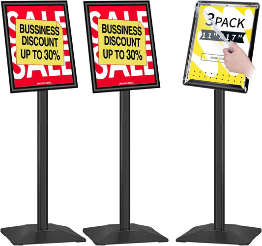 3Packs Heavy Duty Adjustable Pedestal Poster Sign Stand, 11x17 Aluminum Open Floor Standing Sign Holder for Vertical and Horizontal View Display, Black