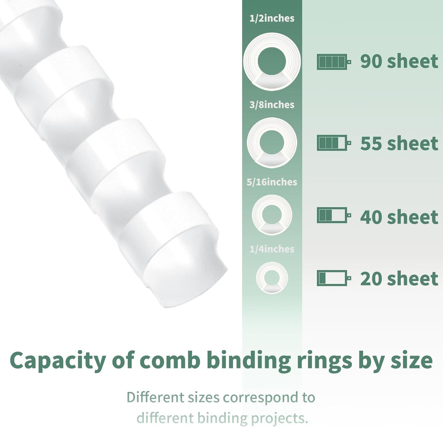 Plastic Binding Combs, Mixed Size, 21rings, 1/4in, 5/16in, 3/8in, 1/2in, Binding Capacity 20-90 Sheets, Max. Binding A4 Size Paper, White, Pack of 100