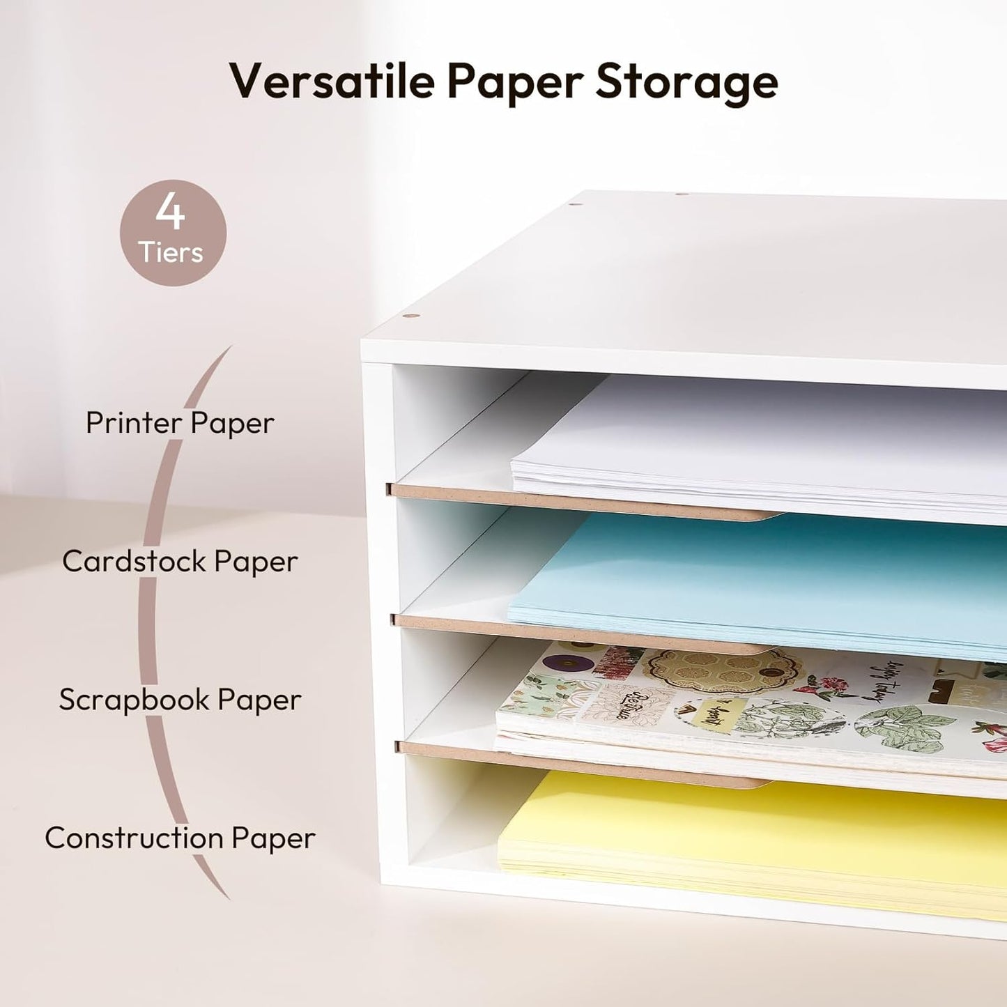 12x18 Construction Paper Organizer, 4-Tiers Paper Storage Shelf, Wooden Desk Organizer, File Holder and Letter Tray for Office, Home, Classroom