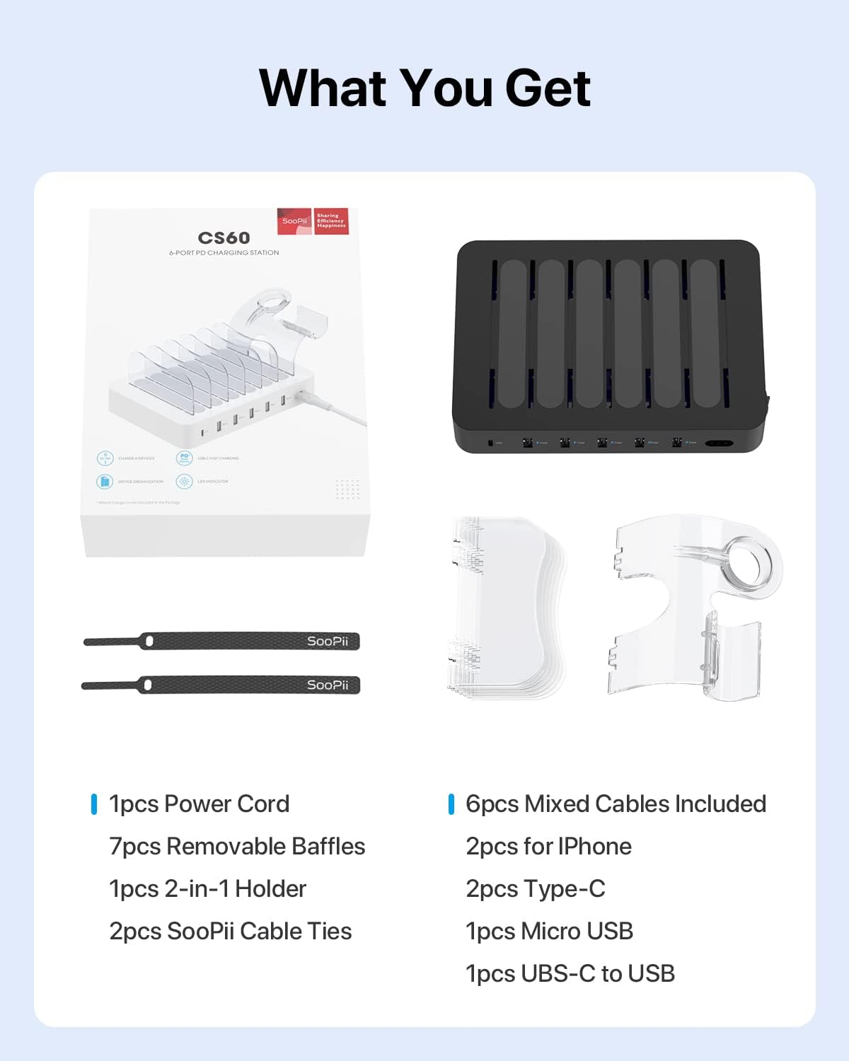 SooPii 6-Port PD Charging Station for Multiple Devices, 20W PD USB C Fast Charging for lPhone 14/13/12,6 Short Cables Included, 2 in 1 Holder,for Phones,Tablets and Others,Black