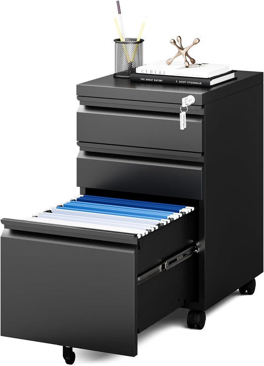 MIIIKO File Cabinet 3 Drawers on Wheels Under Desk, Black Metal Rolling File Cabinets with Lock for Home Office, Un-Assembled Filing Cabinet with Lock