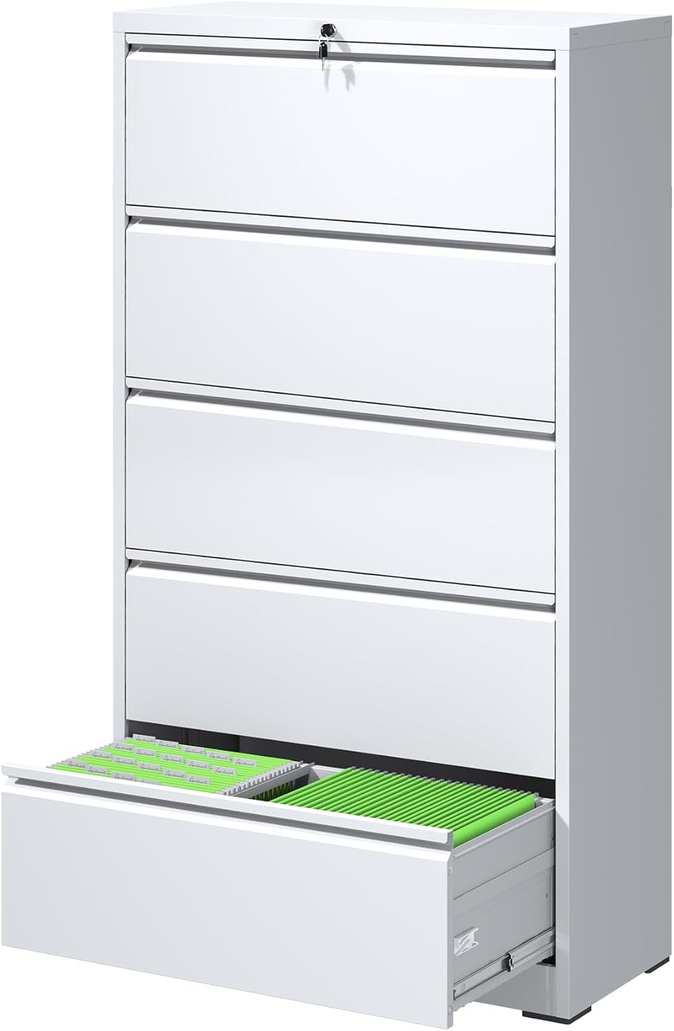 File Cabinets 5 Drawer,Metal Office Storage Filing Cabinet with Lock,White Lateral Filing Cabinet for Home Office,Horizontal Locking File Cabinets for Legal/Letter/A4,Assembly Require,White