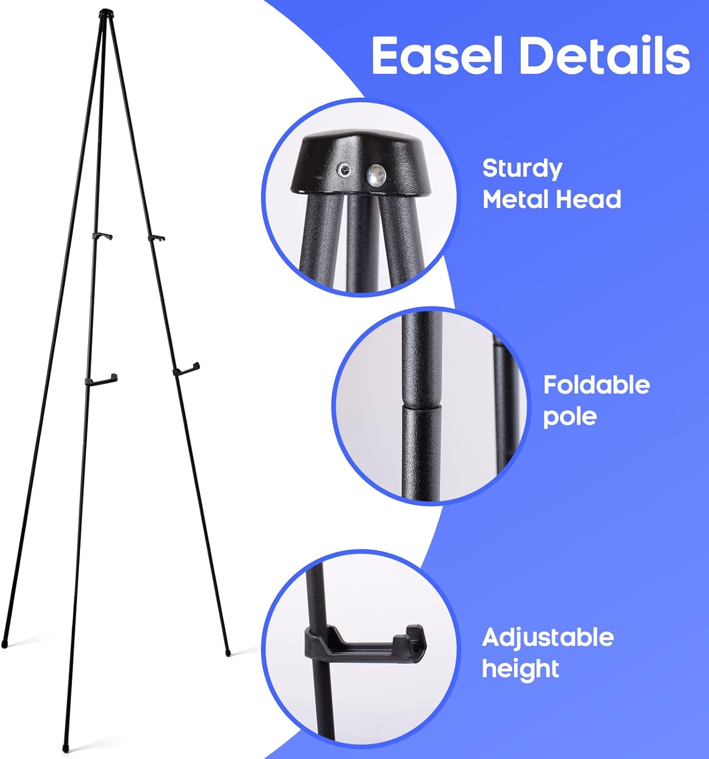 Portable Easel Stand for Posters, Lightweight Tripod Display with Collapsible Design, Sturdy Black Steel Frame, Holds Up to 5 lbs, Ideal for Events, Art & Signage. (1 Pack-Black)