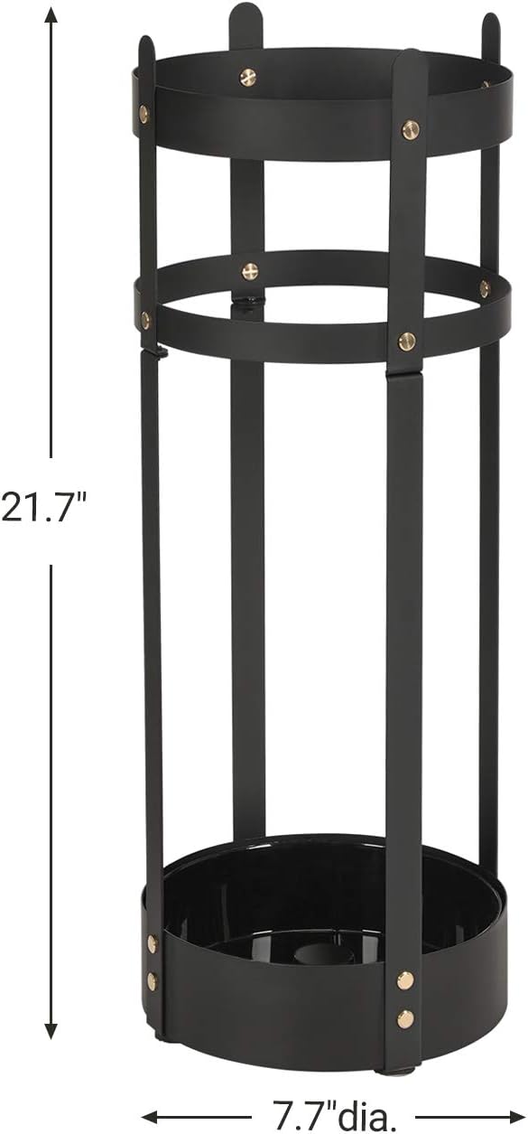 SONGMICS Umbrella Stand, Steel Round Umbrella Holder Rack, 7.7 x 7.7 x 21.7 Inches, with Detachable Drip Tray, for Entryway, Office, Stable, Assembly Required, Matte Black ULUC28BK
