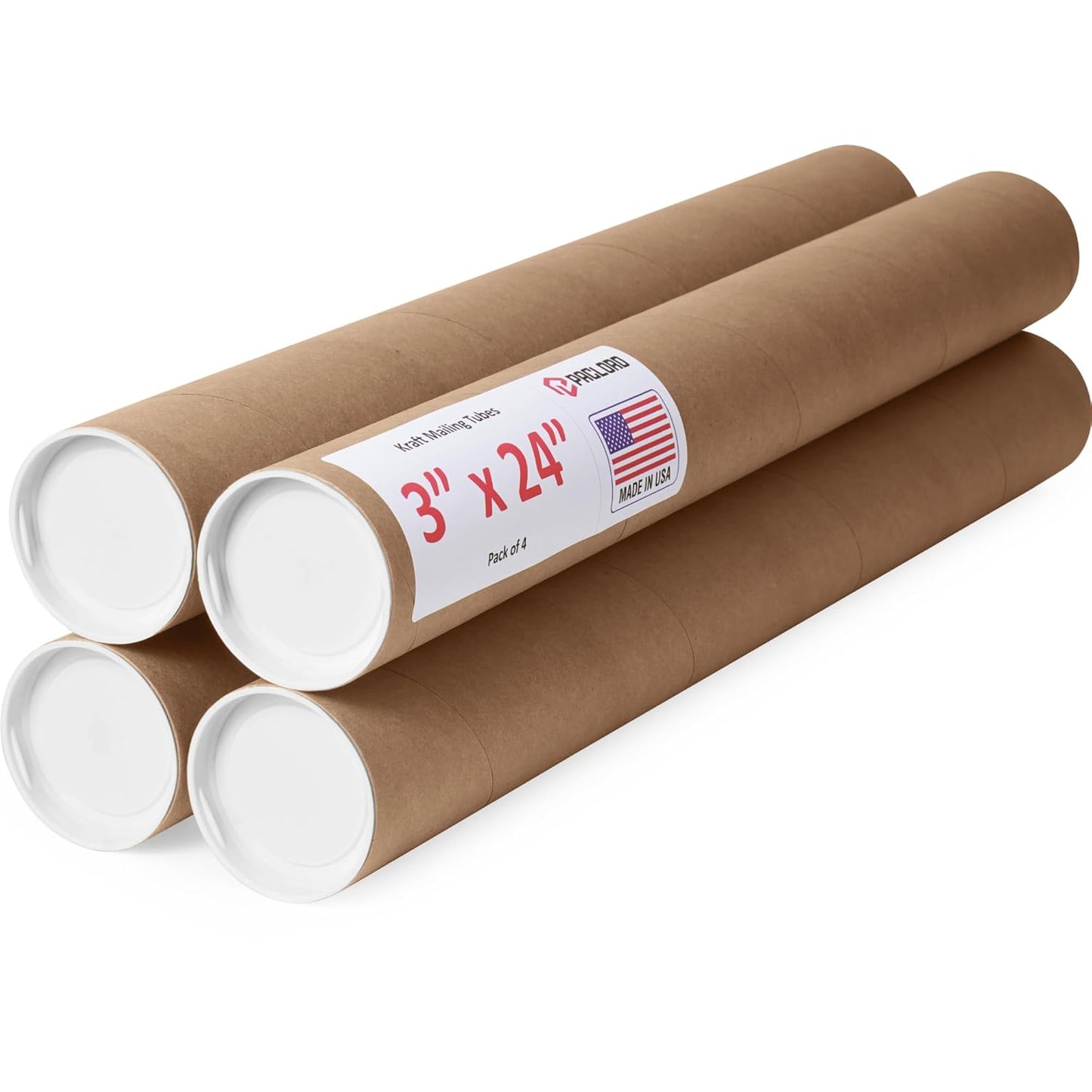 3" x 24" Reinforced Kraft Paper Mailing Tubes, Pack of 4 Tubes with 2 Caps Each – USPS Approved Poster Tube – Made in USA Cardboard Tube for Shipping and Storing Posters, Prints, Artwork, or Documents