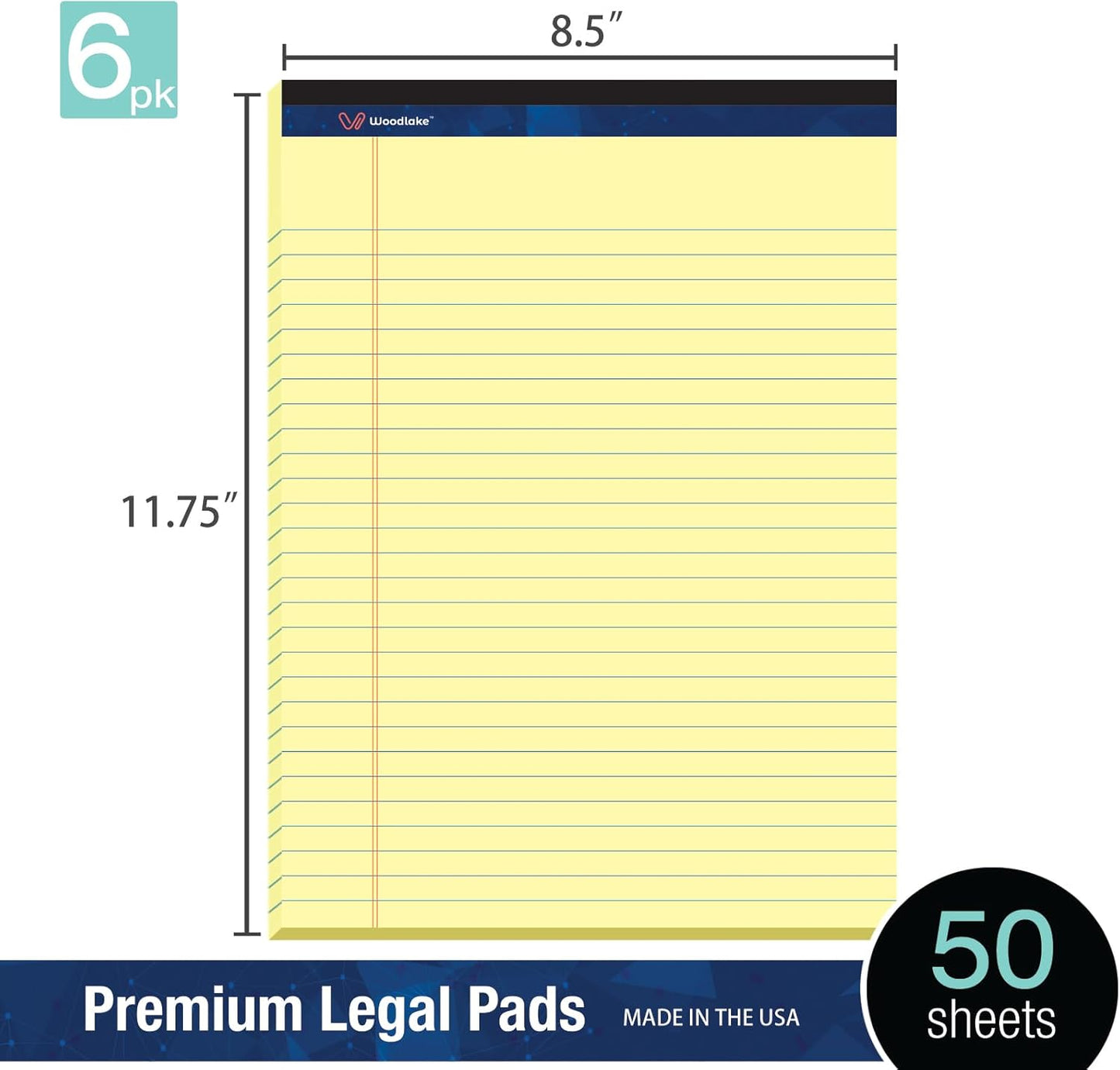 Woodlake Legal Pads 8.5 "x 11" – 6‑Pack, Wide Ruled, Premium Yellow Paper Pad No ink Bleed, Micro‑Perforated Writing Pads,50 Sheets, Letter Size Note pads for School, Office & Home, Made in USA