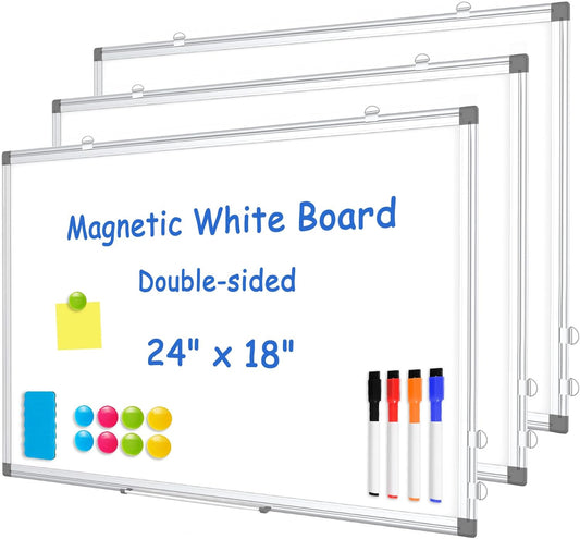 WALGLASS 3 Pack White Board, 24" x 18" Double-Sided Dry Erase White Board for Wall, Hanging Mounted Whiteboard, Horizontal or Vertical Silver Aluminium Frame for Home, School, Office, Kitchen