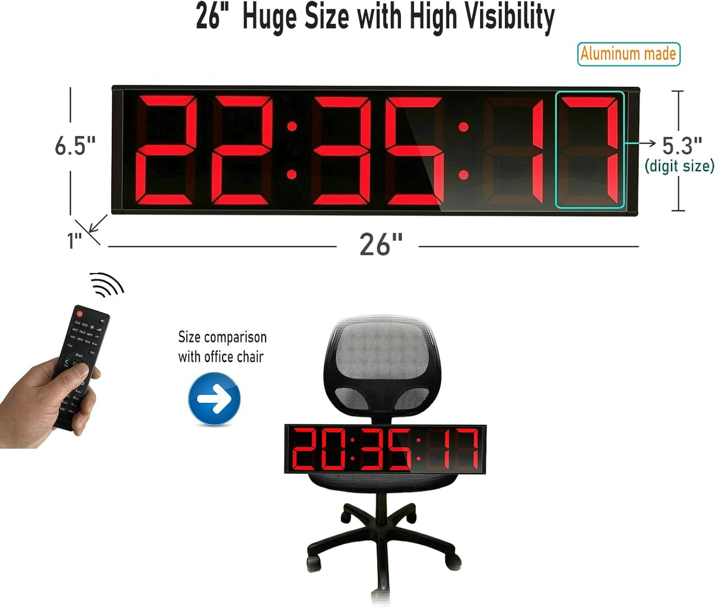 26'' Huge Digital Wall Clock, Home Gym Interval Workout Timers, with Countdown, Stopwatch, 7-Color Light, 8-Alarms, Calendar/Temperature Display, for HIIT/Tabata/FGB/EMOM (Red)