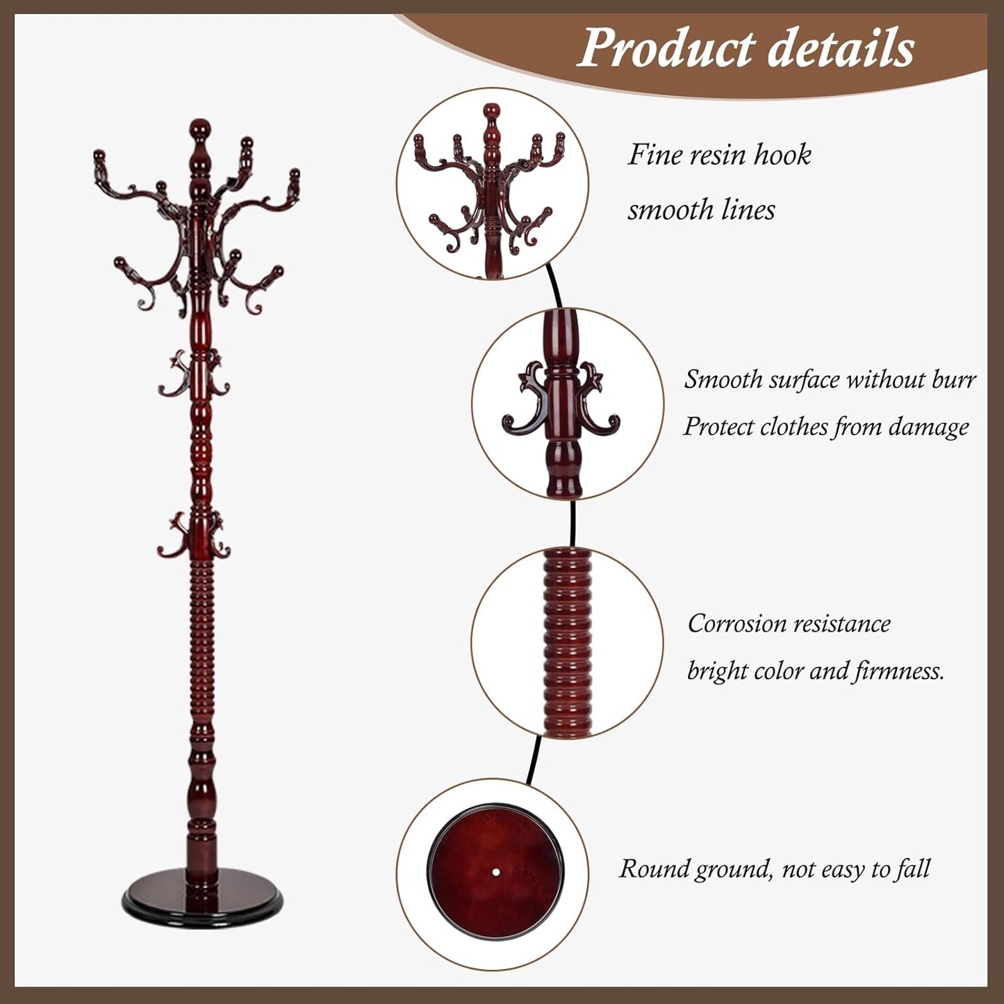 Wooden Coat Rack Freestanding, Vintage Coat Racks with Sturdy Round Base, Adjustable Height 37.40"-72.83" Entrance Coat Rack for Bedroom Living Room Entryway (Solid wood Rosewood)
