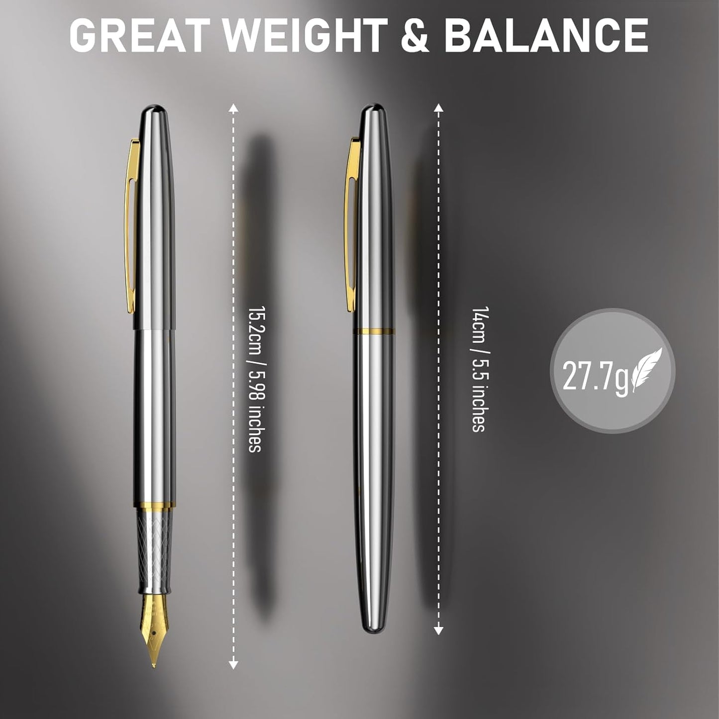 Nicpro Fountain Pen Set with Box, Classic Silver-Gold Fancy Pen with Converter, 0.7mm Medium Nib Smooth Writing Calligraphy, Office, Business, Luxury Gift Pen