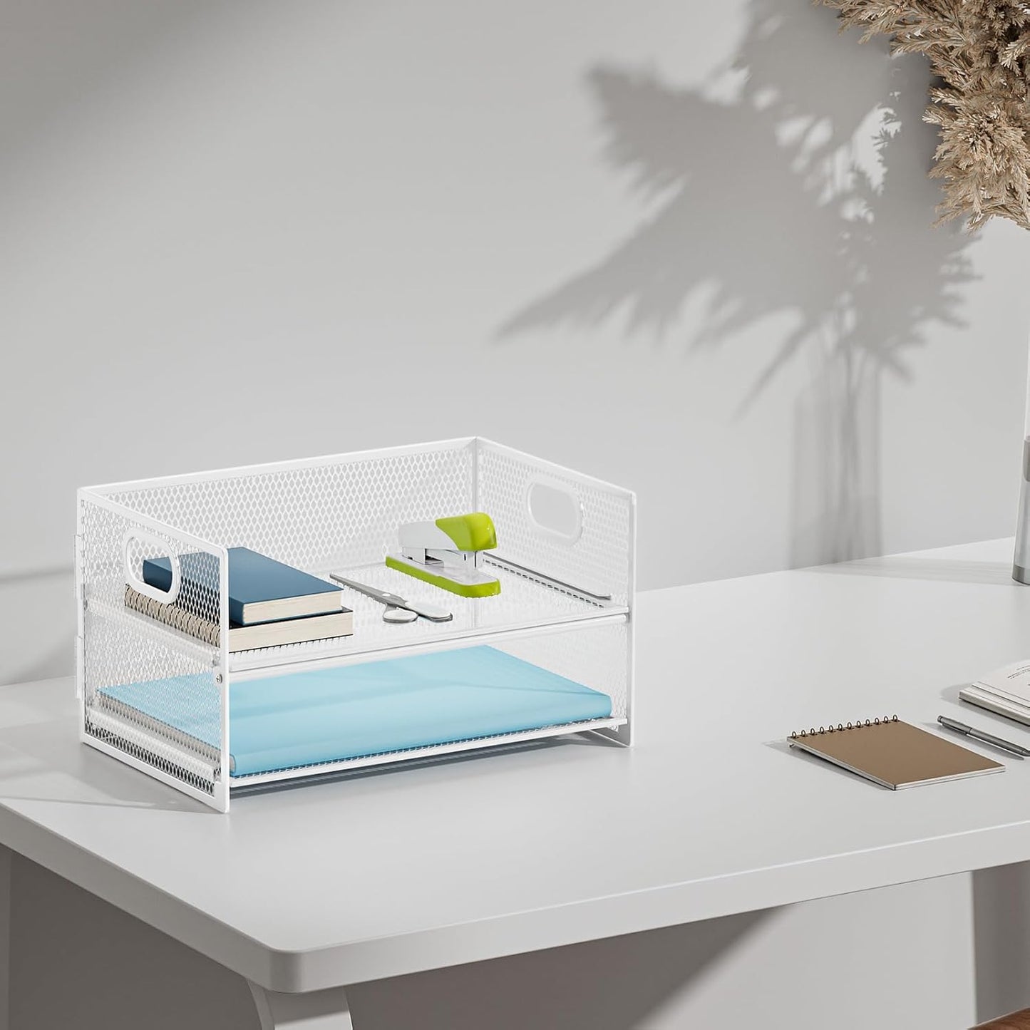 Marbrasse 2 Tier Paper Organizer Letter Tray, Mesh File Organizer with Handle, Paper Sorter Desk Organizer for Home Office Supplies - White