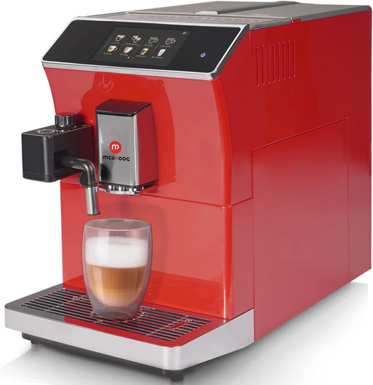 Mcilpoog Super Automatic Espresso Coffee Machine,Fully Automatic Espresso Machine With Grinder, Easy To Use Touch Screen Coffee Maker with Milk Frother.16 Coffee Recipes.(WS-203 Red)