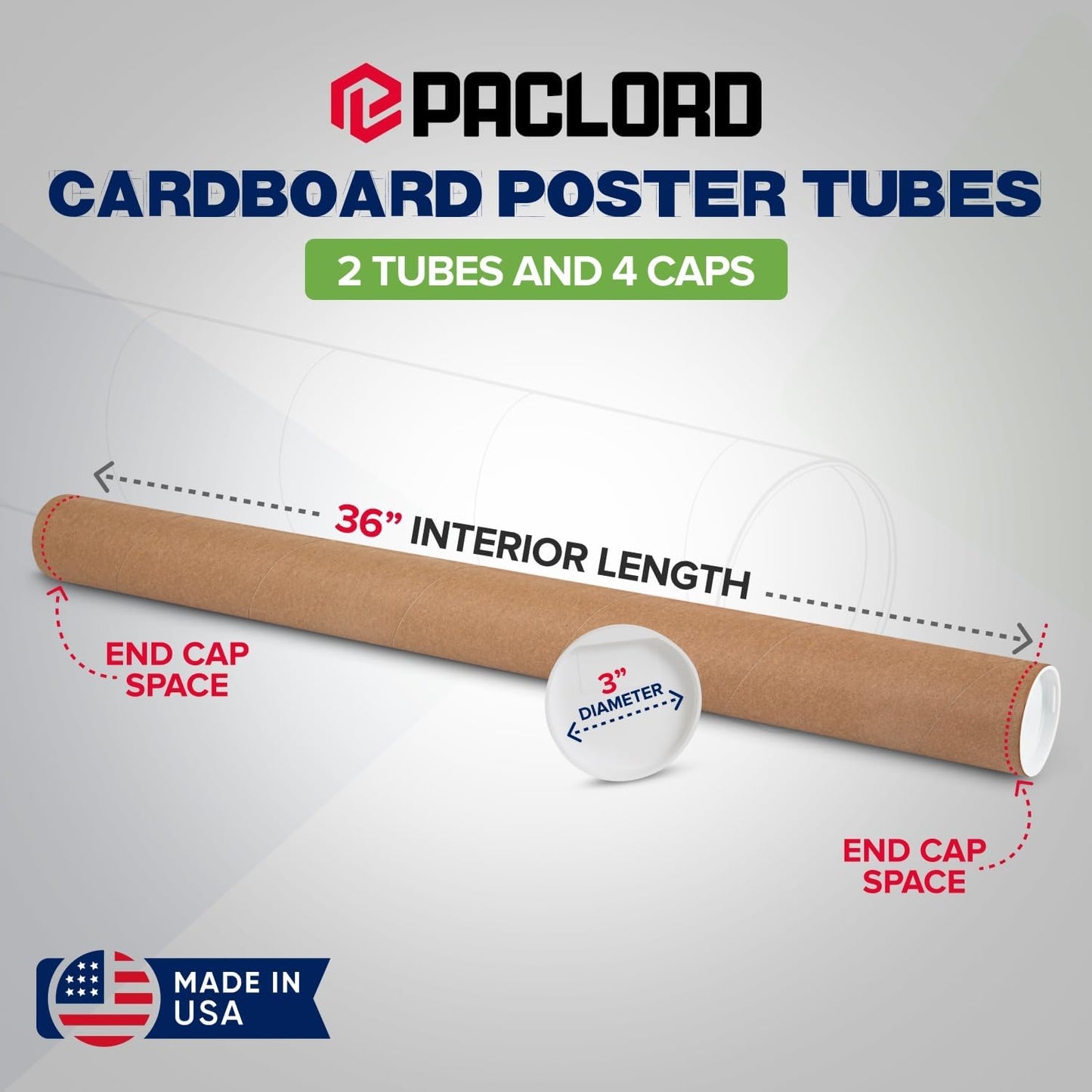3" x 36" Reinforced Kraft Paper Mailing Tubes, Pack of 2 Tubes with 2 Caps Each – USPS Approved Poster Tube – Made in USA Cardboard Tube for Shipping and Storing Posters, Prints, Artwork, or Documents