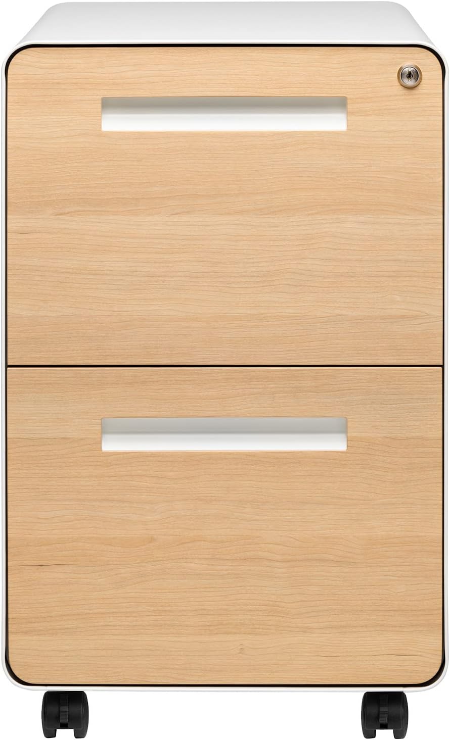 Laura Davidson Furniture Stockpile 2 Drawer Mobile File Cabinet with Lock - Under Desk Metal Filing Cabinet, Legal/Letter File Folders, Wheels and Stationary Feet, Pre-Assembled, White/Wood