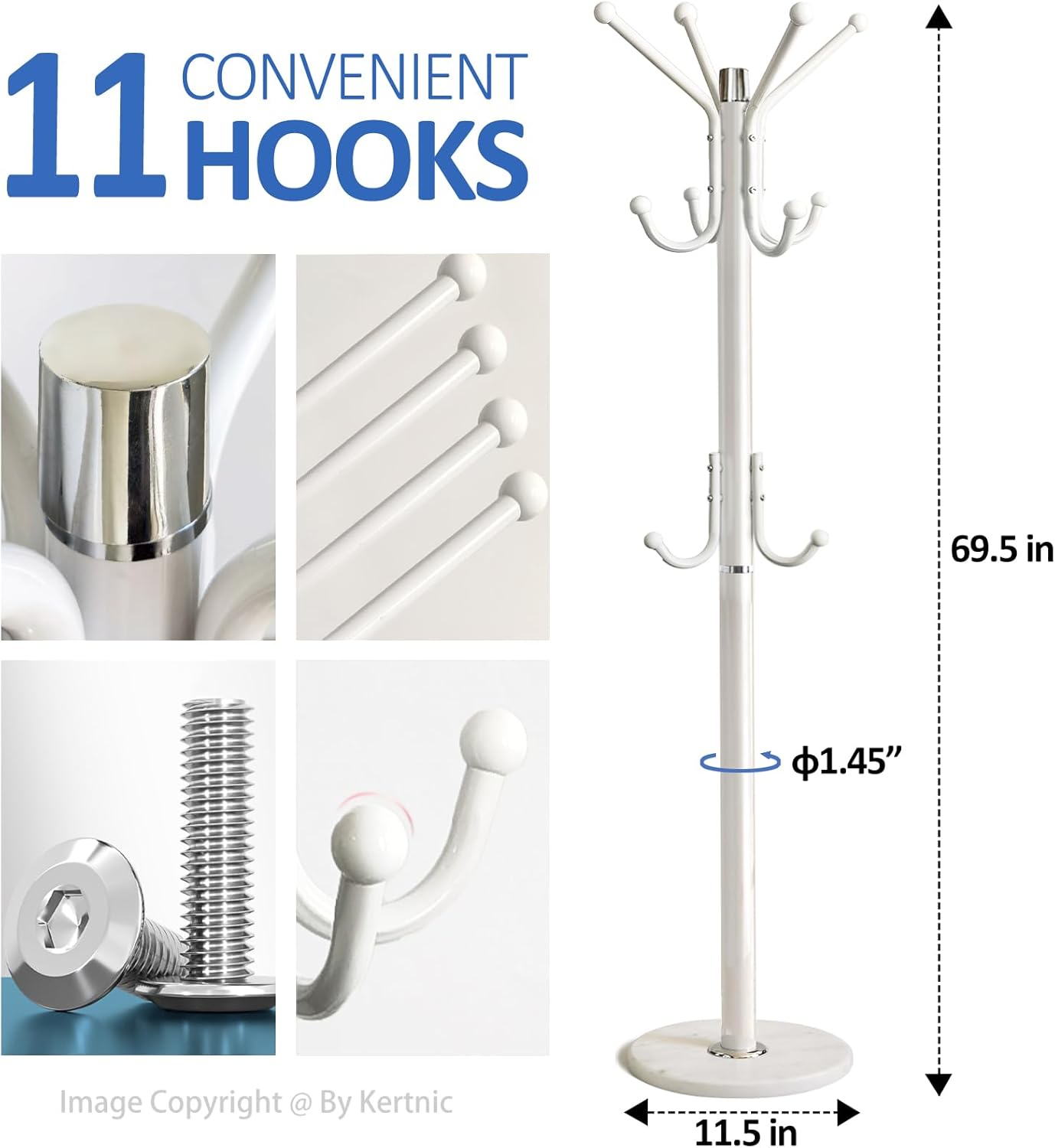 Kertnic Modern Coat Rack Freestanding with Natural Marble Base & Sturdy Metal Frame, 11 Hooks Hall Tree for Jackets, Hats, Bags, Entryway Organizer for Bedroom, Living Room, Closet (11 hooks-White)