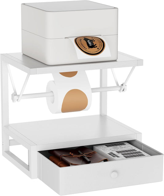 IBUYKE Label Holder for Rolls and Fan-Fold Labels,Wooden Thermal Shipping Label Stand With Drawer Desktop Printer Holder for Home, Office, Small Business,White TPS003W