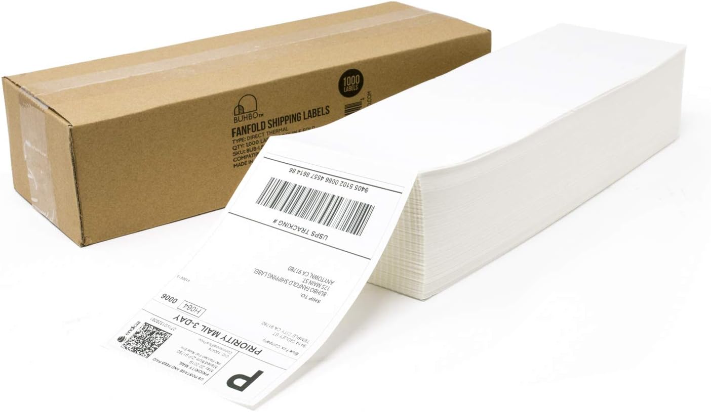Buhbo 4" x 6" Direct Thermal Labels - Perforated BPA Free - Compatible with Zebra & Rollo Printer - Commercial Grade Shipping (1000 Fanfold Labels)