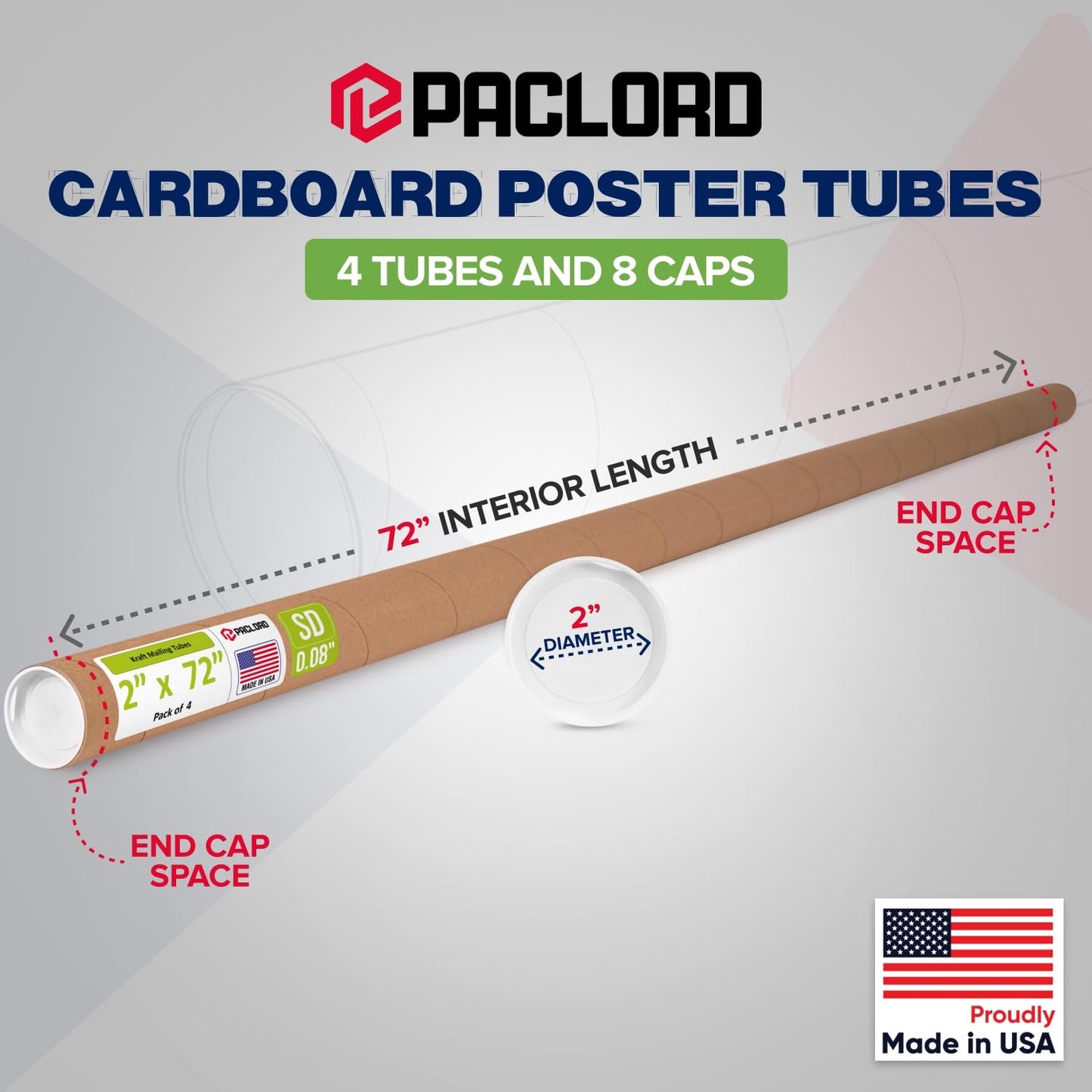 2" x 72" Reinforced Kraft Paper Mailing Tube, Pack of 4 Tubes with 8 Caps – Secure USPS Approved Poster Tube – Cardboard Tube for Shipping and Storing Posters, Prints, Artwork, or Documents