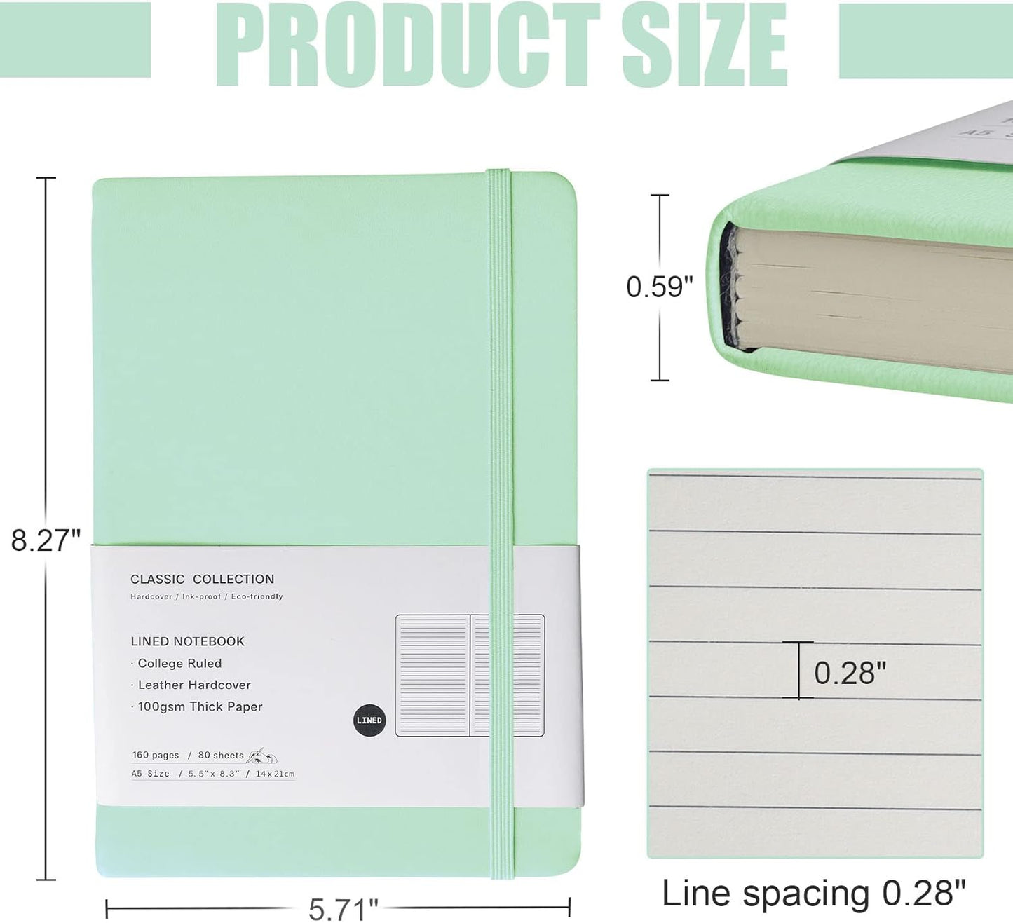 Lined Journal Notebook, (Eggshell Green), 160 Pages, Medium 5.7 inches x 8 inches - 100 gsm Thick Paper, Hardcover