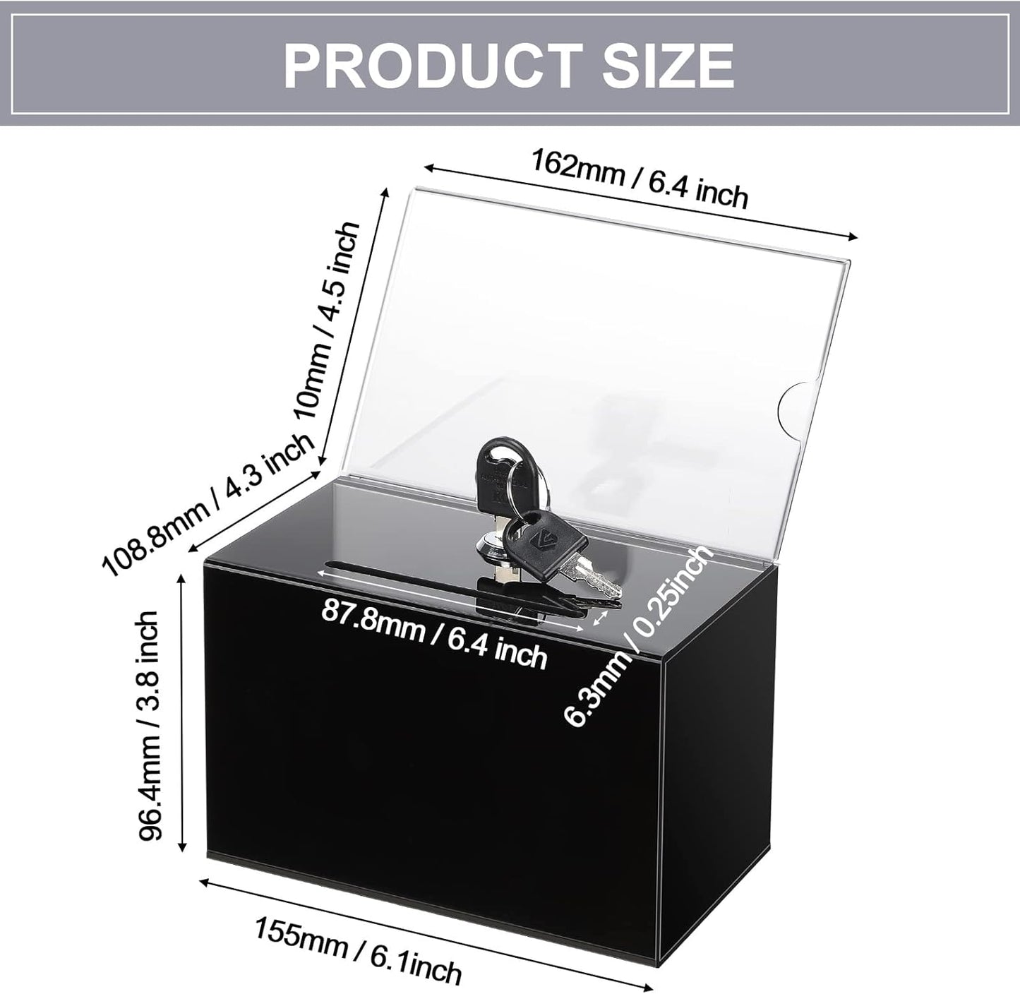 8 Packs Acrylic Donation Box with Lock and Sign Holder Clear Suggestion Ballot Box Plastic Voting Comment for Tip Jars Ticket Charity Survey Raffle Contest Fundraising, 6.1 x 4.3 x 3.8 Inch(Black)