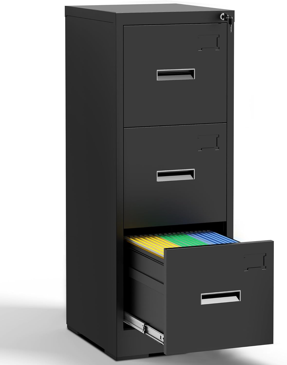 3 Drawer File Cabinet with Lock and Card Slot, Metal Vertical Filing Cabinets for Home Office, Steel Storage Cabinet for Hanging Legal/Letter Size Files, Assembly Required (Black)